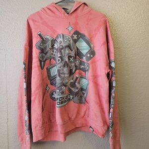 Skull Gaming Graphic Hoodie Pink Tie Dye Men’s XL Streetwear Pullover EE737